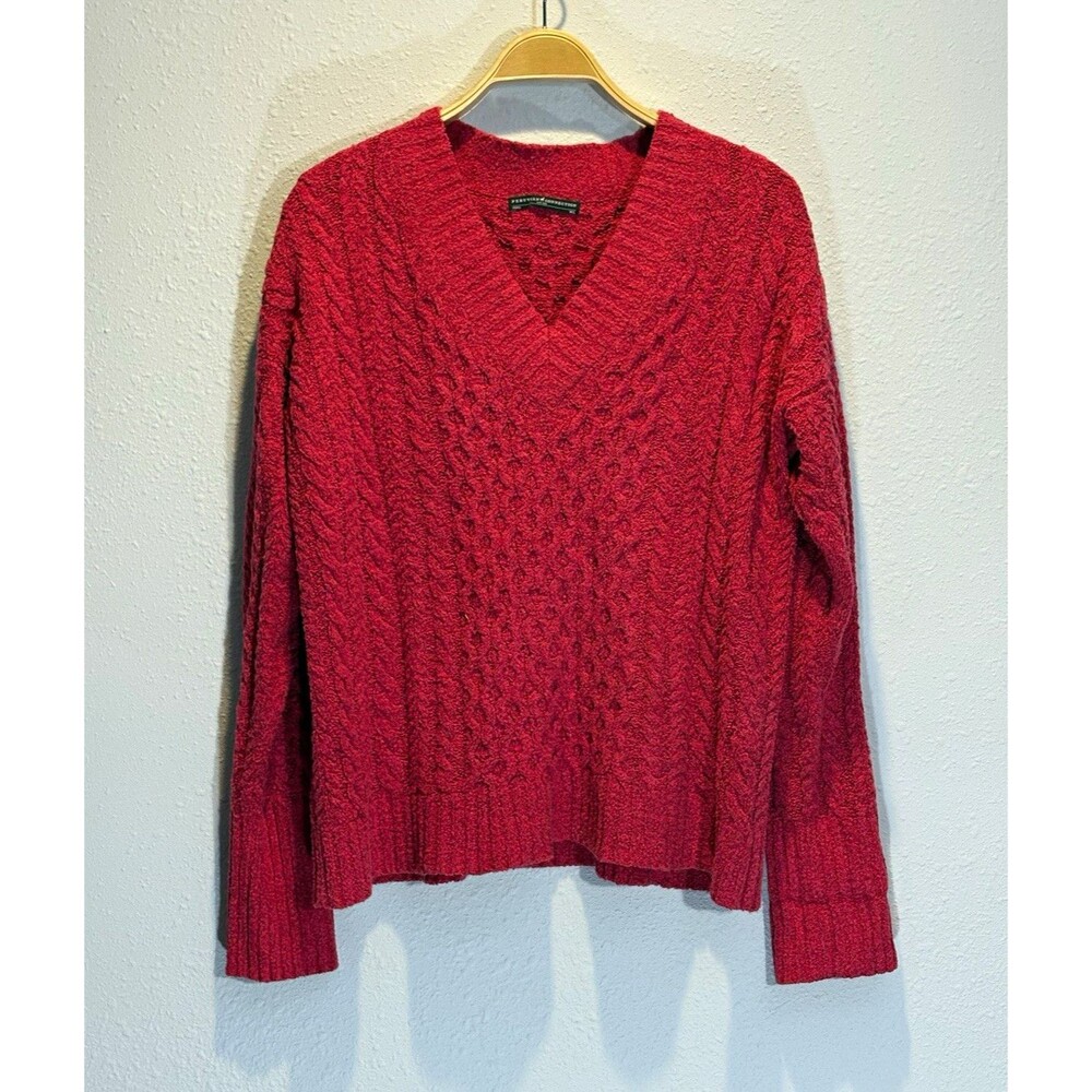 Peruvian Connection Red Cable-Knit V-Neck Long Sleeve Pullover Sweater M/L